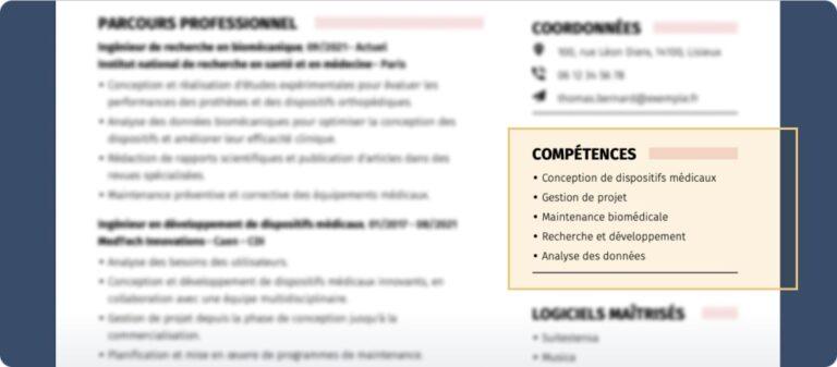 zoom sur la section “compétences” pour montrer comment faire un curiculum vitae axé sur les savoir-faire des candidats