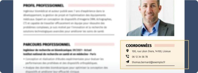 zoom sur la rubrique « Coordonnées » d’un curriculum pour montrer comment rediger un cv dans les moindres détails