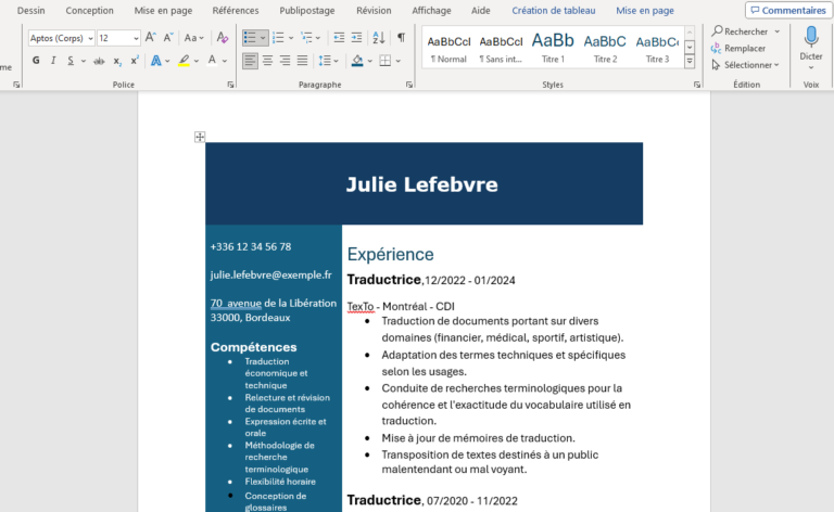 CV Word avec tableau