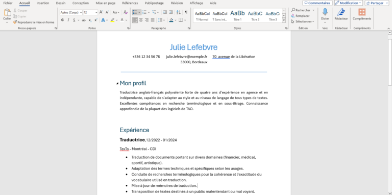 CV Word linéaire sur Word