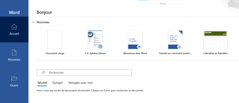 création d’un nouveau document vierge sur Word