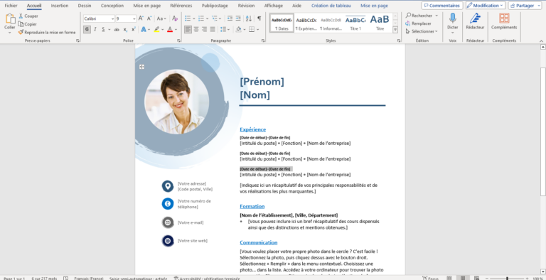 modèle de CV word en train d’être modifié sur Word